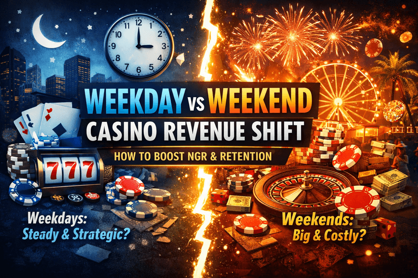Featured image illustrating the shift in online casino revenue between weekdays and weekends, with a split design showing calm weekday play versus high-energy weekend casino activity, highlighting changes in player behavior, revenue patterns, and NGR optimization strategies.